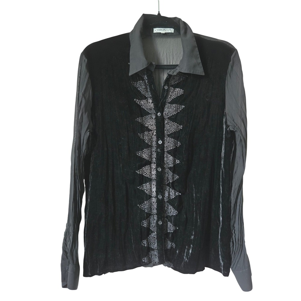 Claudia Richard Womens L Button Down Black Velvet Pleated Embroidered Top